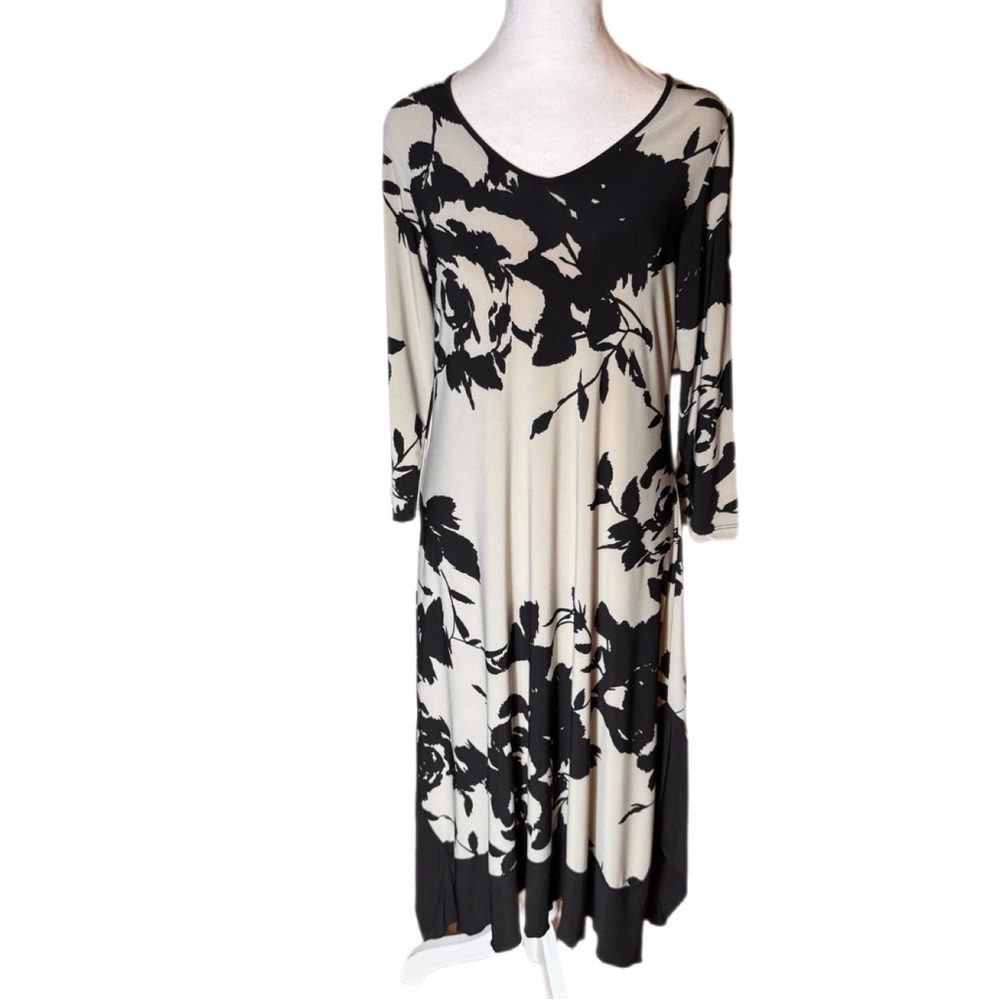 Sun Kim Black/Beige Floral Handkerchief Hem Dress Size Small Lagenlook Style